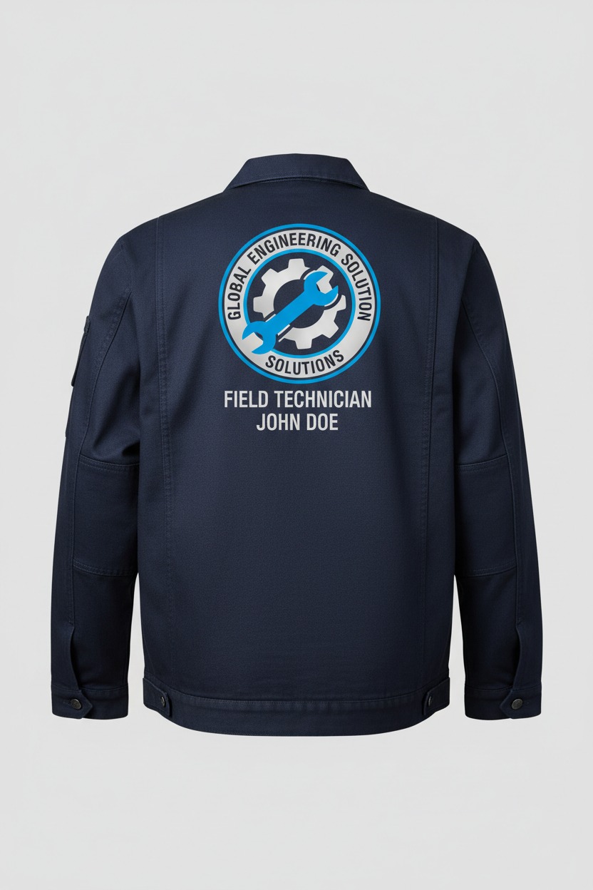 A navy blue work jacket featuring the Global Engineering Solutions logo, job title, and name printed on the back.