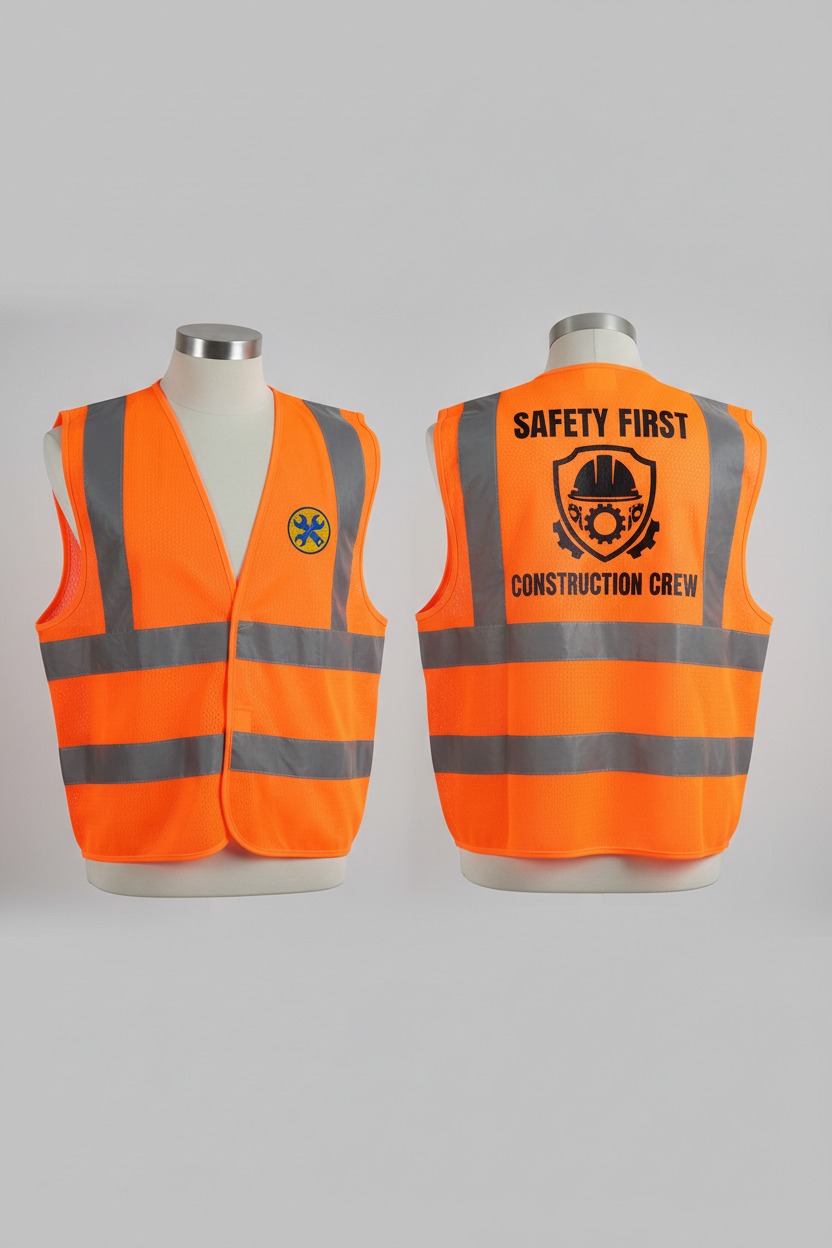 Two views of an orange high-visibility safety vest with reflective strips, featuring a wrench logo on the front and "SAFETY FIRST CONSTRUCTION CREW" text on the back.
