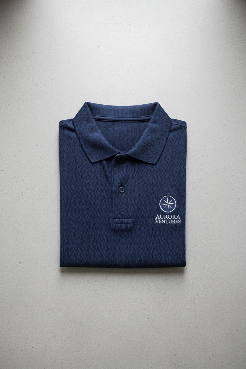A folded navy blue polo shirt featuring the white Aurora Ventures compass logo on the chest.